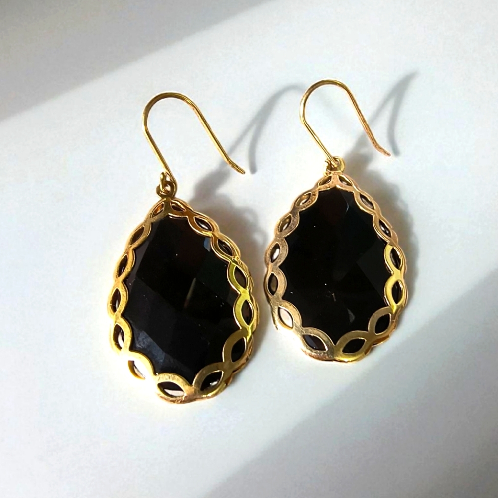 14K Gold Vermeil Over Sterling Silver Large Black Onyx Dangle Earrings